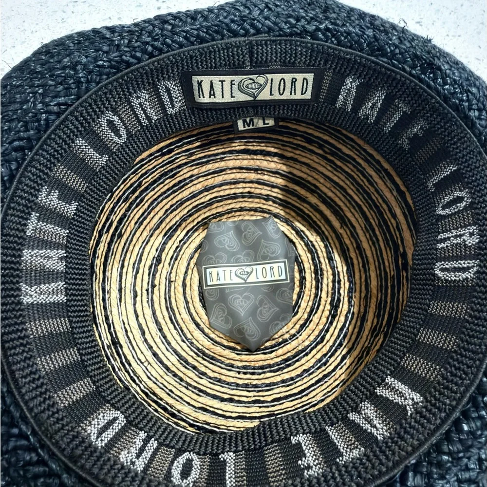 Kate Lord Womens Striped Straw Sun Hat Black Tan Beach‎ Golf Summer M/L